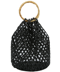 Round Bamboo Handle Beaded Designer Tote Bag YW-0004 BLACK